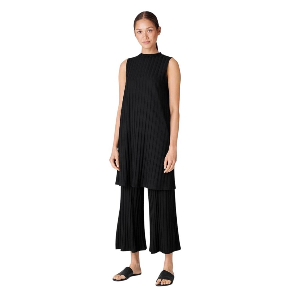 Eileen Fisher Ribbed Mock Neck Dress Womenâs Small Black Tencel Knit
